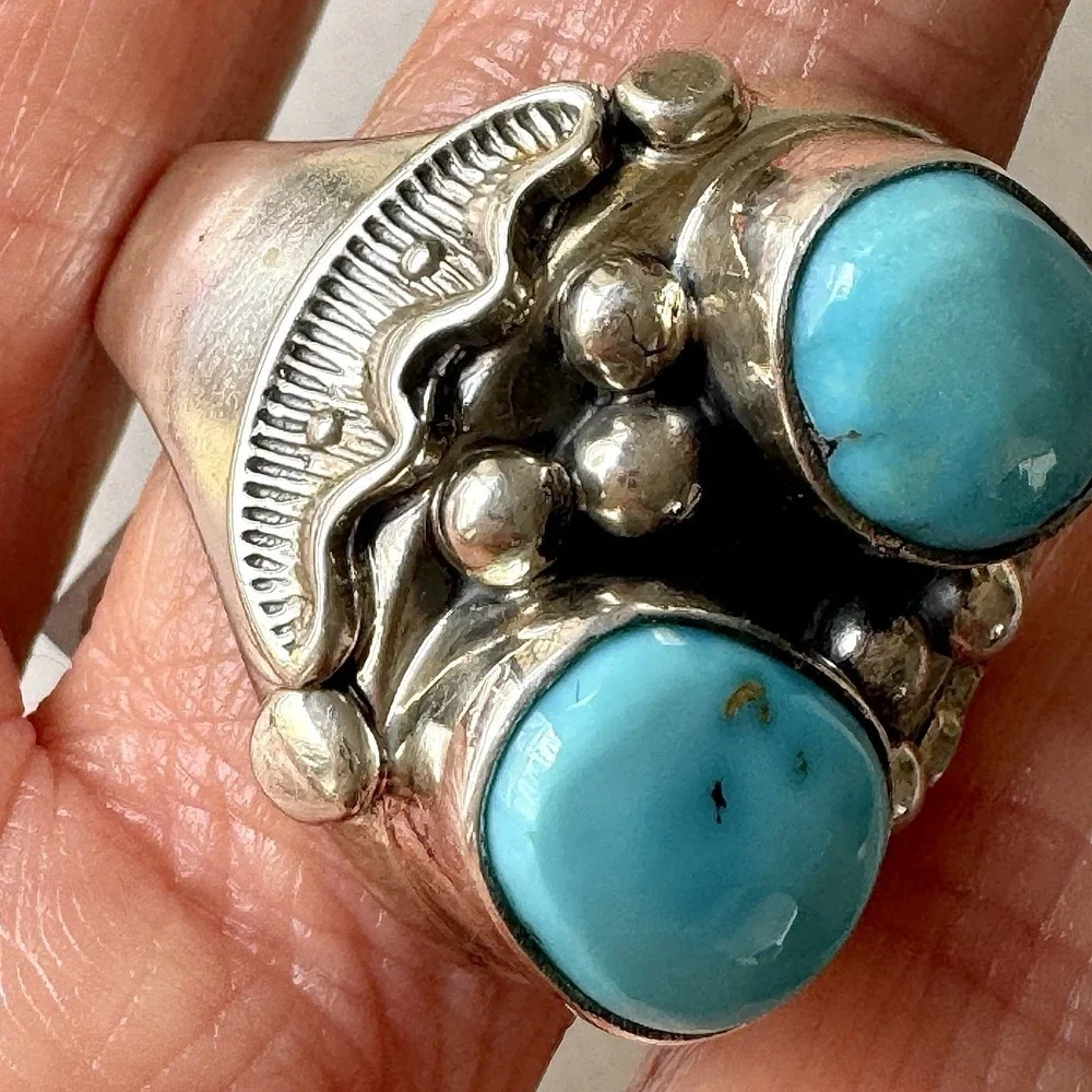 Big Navajo Sonoran Turquoise Ring Sz 14 Mens Sonoran Signed AT Native American